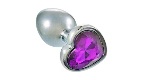 Fém análdugó lilla szíves kővel - S, Butt plug with purple heart stone - S